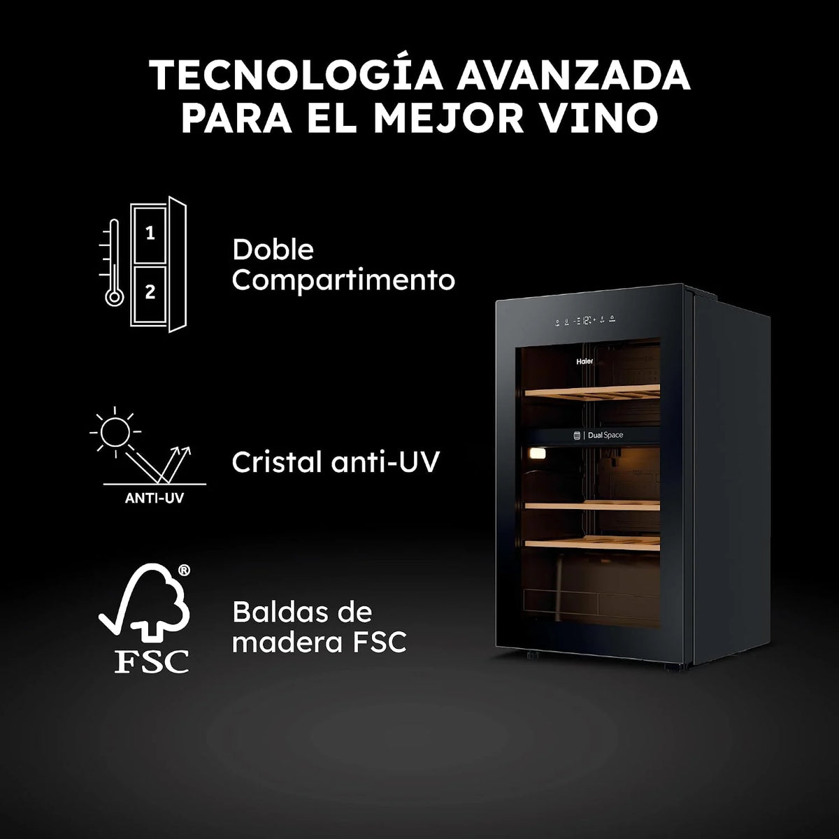 Haier Wine Bank 50 Series 5 HWS32GDG Vinoteca de 32 Botellas, 2 Zonas Independientes, Estantes de Madera, Filtro Anti-UV, Sistema Antivibración, Display Digital, Iluminación LED, 37 dbA, Negra