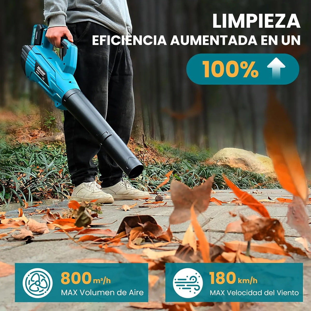 Soplador de Hojas, 5 Velocidades Sopladora de Hojas con Bateria con Motor Brushless, 2 Baterías de 5.2Ah/18V, 35.000 RPM, Velocidad Aire 180 km/h, Vaudal Aire 800 m³/h, 2 Boquillas Intercambiables