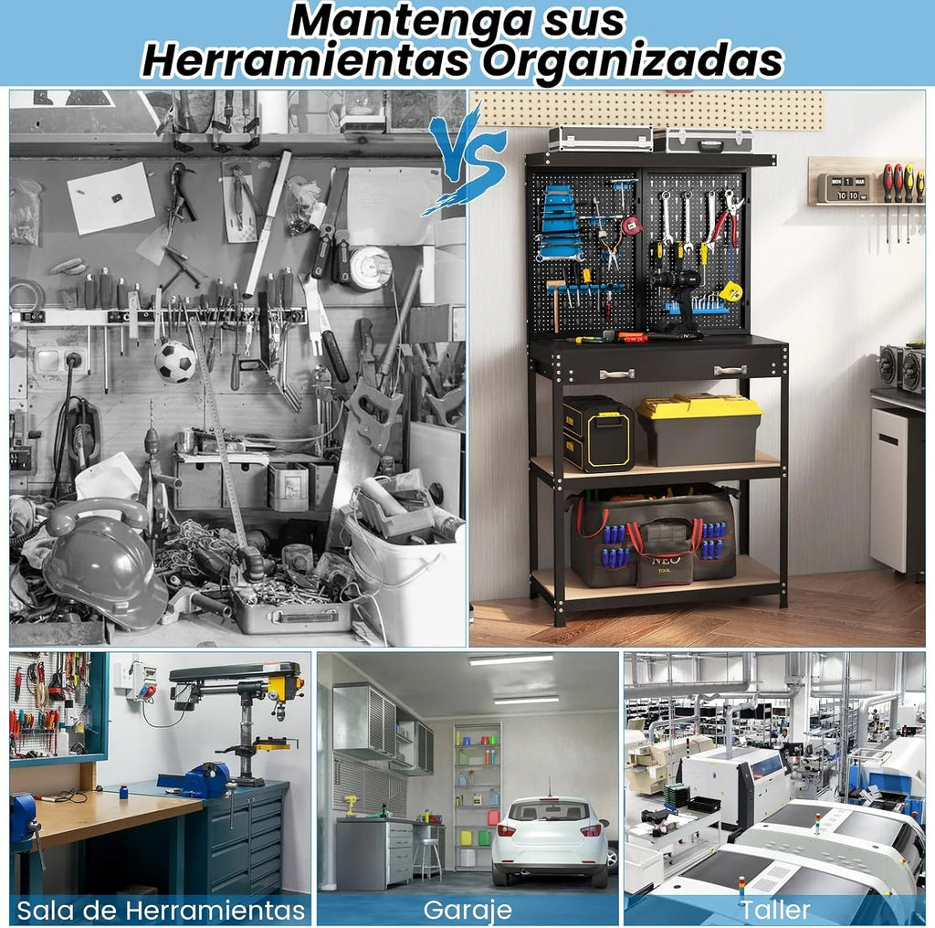 COSTWAY Banco de Trabajo con Tablero Perforado, Banco de Trabajo para Almacenamiento de Herramientas con Estantes y Cajones, 14 Accesorios para Colgar, Mesa de Trabajo para Garaje (Negro y Azul)