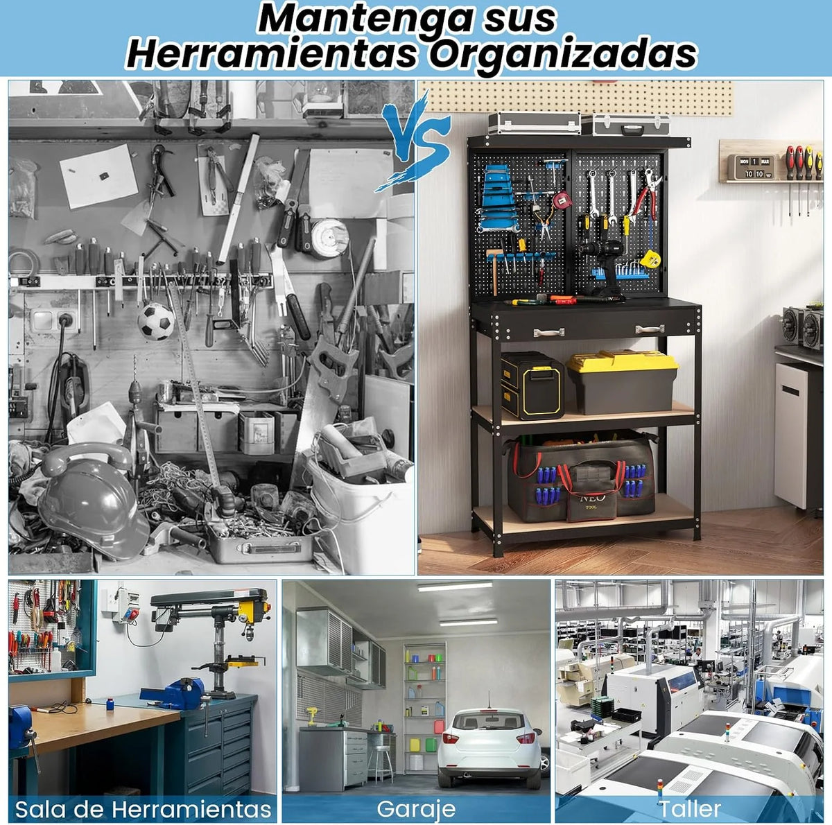 COSTWAY Banco de Trabajo con Tablero Perforado, Banco de Trabajo para Almacenamiento de Herramientas con Estantes y Cajones, 14 Accesorios para Colgar, Mesa de Trabajo para Garaje (Negro y Azul)