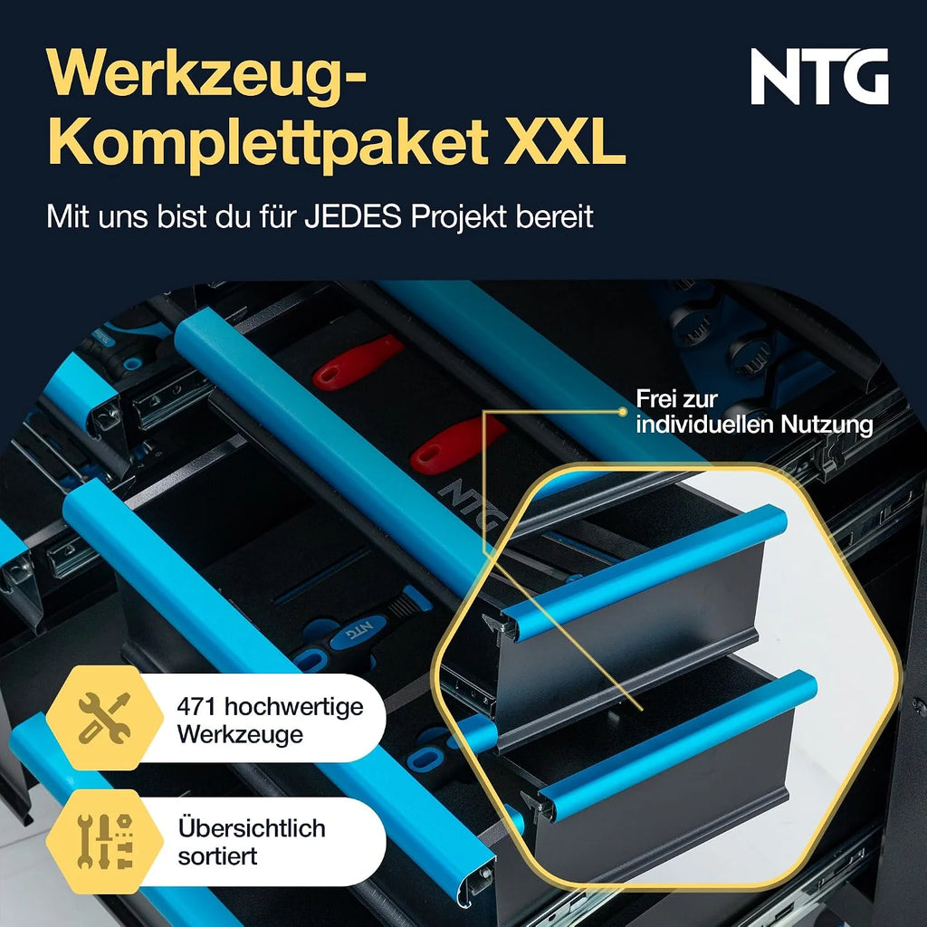 NTG Carro de herramientas XXL – 471 piezas incluidas – 12 cajones con tablero de trabajo de madera, con llave, móvil sobre ruedas – Gabinete profesional de metal para garaje y taller