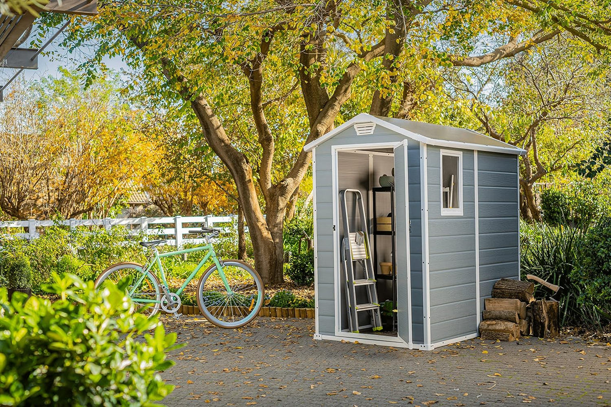 2026 Keter Manor 4X6 - Caseta de jardín, 130x192x198cm y 2,2m2, Suelo, Sistema de ventilación, Puerta y Ventana, Resistente al Agua, Color Gris