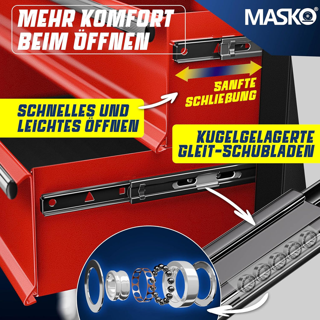 MASKO® Carro de taller con maletín incluido, 9 compartimentos con cerradura metal macizo, sin herramientas, para guardar herramientas, rojo