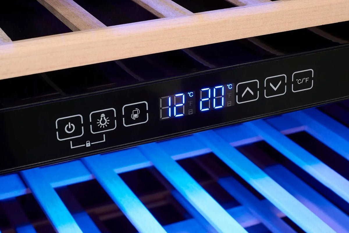 Exquisit® Vinoteca para 114 Botellas, 220L, Negro, Clase G, Dos Zonas de Temperatura 5-20°C, Control Digital LCD, Puerta de Cristal Reversible, Medidas (129,0 x 55,2 x 57,5 cm)