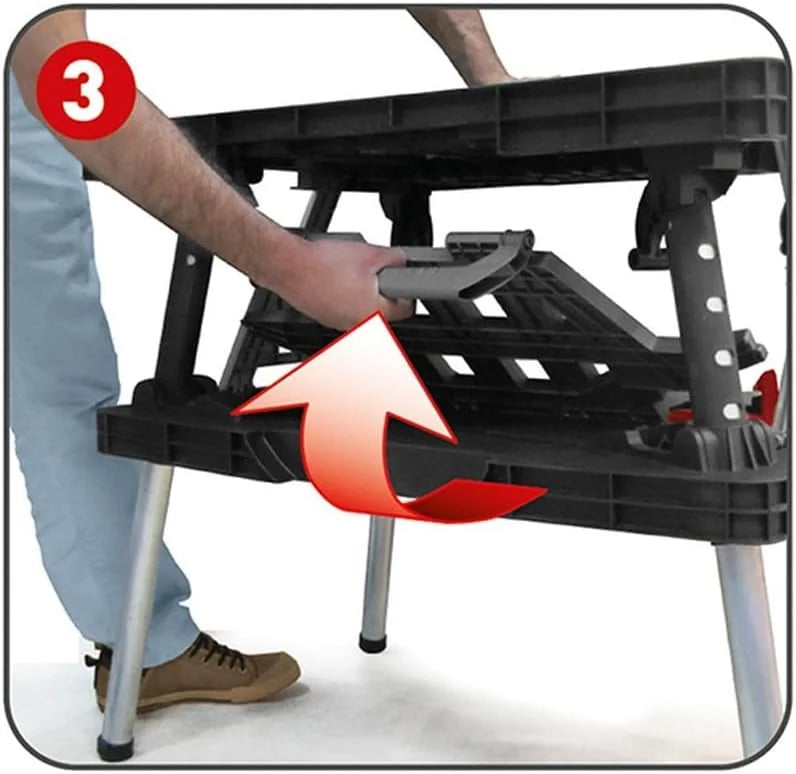 Keter- Mesa de herramientas plegable; 85 x 55,5 x 11,2 cm (cerrado) - 91 x 55,5 x 75,5 cm (abierto); Resistencia 450 Kg; Color negro