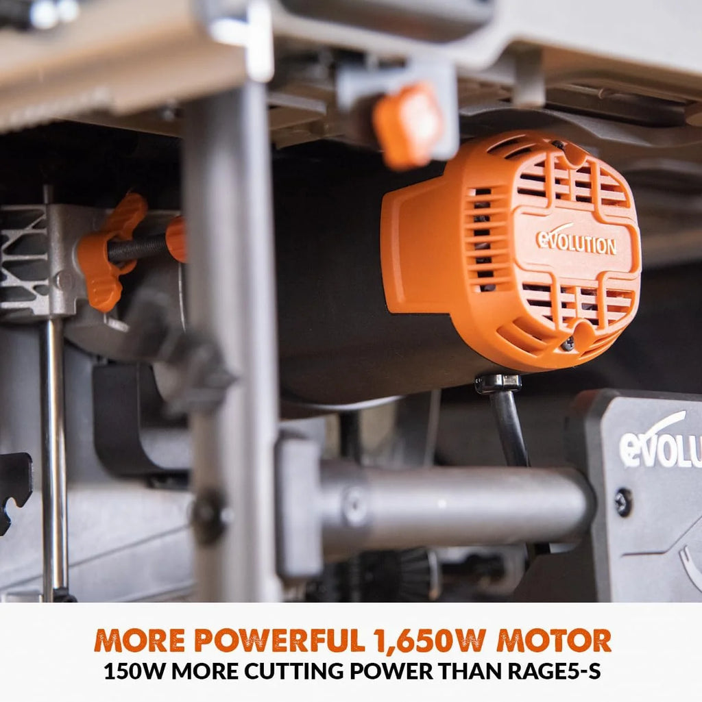 Evolution Power Tools R255TBL Sierra de mesa (Nueva generación Rage 5-S) Multi-Material Hoja de corte incluida Corta Madera Metal Plástico, Bisel 45˚, Ángulo de inglete +/- 60˚, 1650w