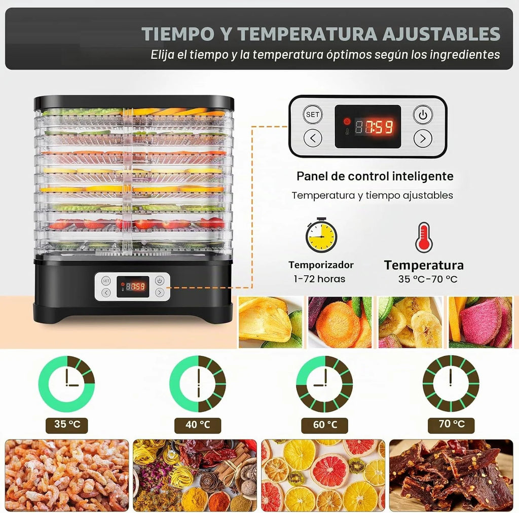 Deshidratador de acero inoxidable 400 W, deshidratador para frutas, carne y hierbas, incluye 8 capas de secado, láminas de deshidratación, deshidratador con regulador de temperatura de 35 – 70 °C