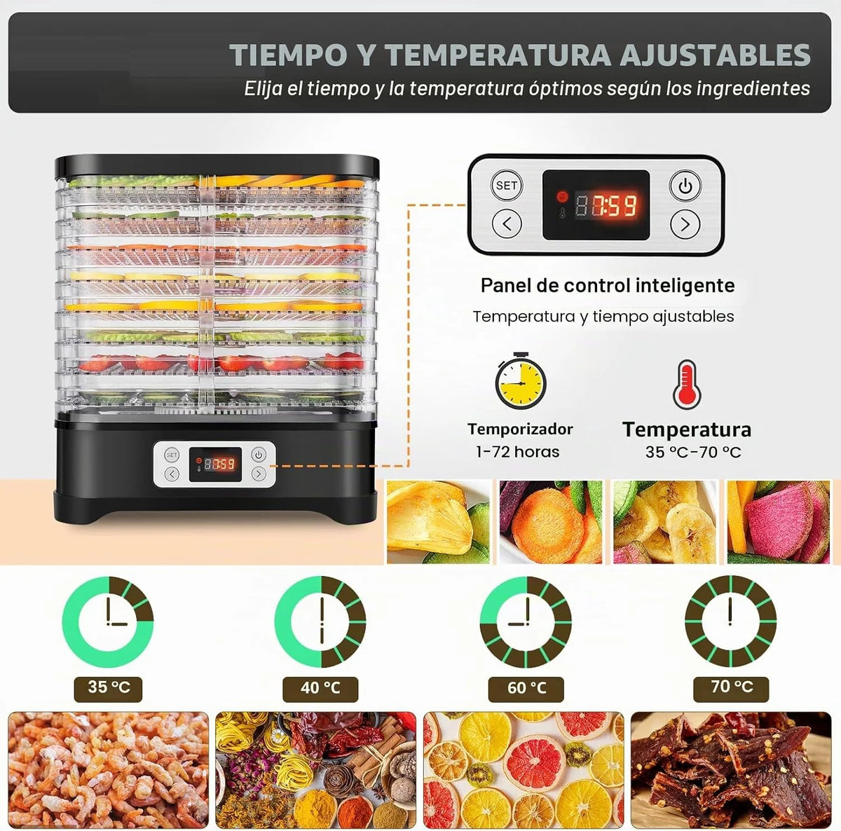 Deshidratador de acero inoxidable 400 W, deshidratador para frutas, carne y hierbas, incluye 8 capas de secado, láminas de deshidratación, deshidratador con regulador de temperatura de 35 – 70 °C