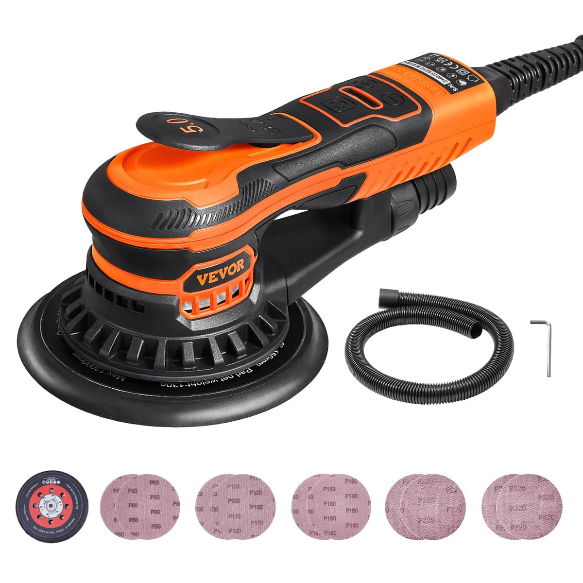 VEVOR Lijadora Orbital Aleatoria sin Escobillas de 350 W, 10 000 PRM y 6 Velocidades con 10 Papeles de Lija, Conector para Polvo y Manguera para Lijado de Detalles de Carpintería, 255 x 150 x 110 mm