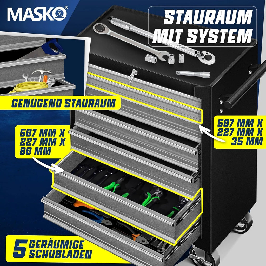 MASKO® Carro de taller con ruedas con 7 cajones con cerradura, carrito móvil para almacenamiento de herramientas con cerradura y cajones de rodamientos, estable taller de metal macizo, negro/gris
