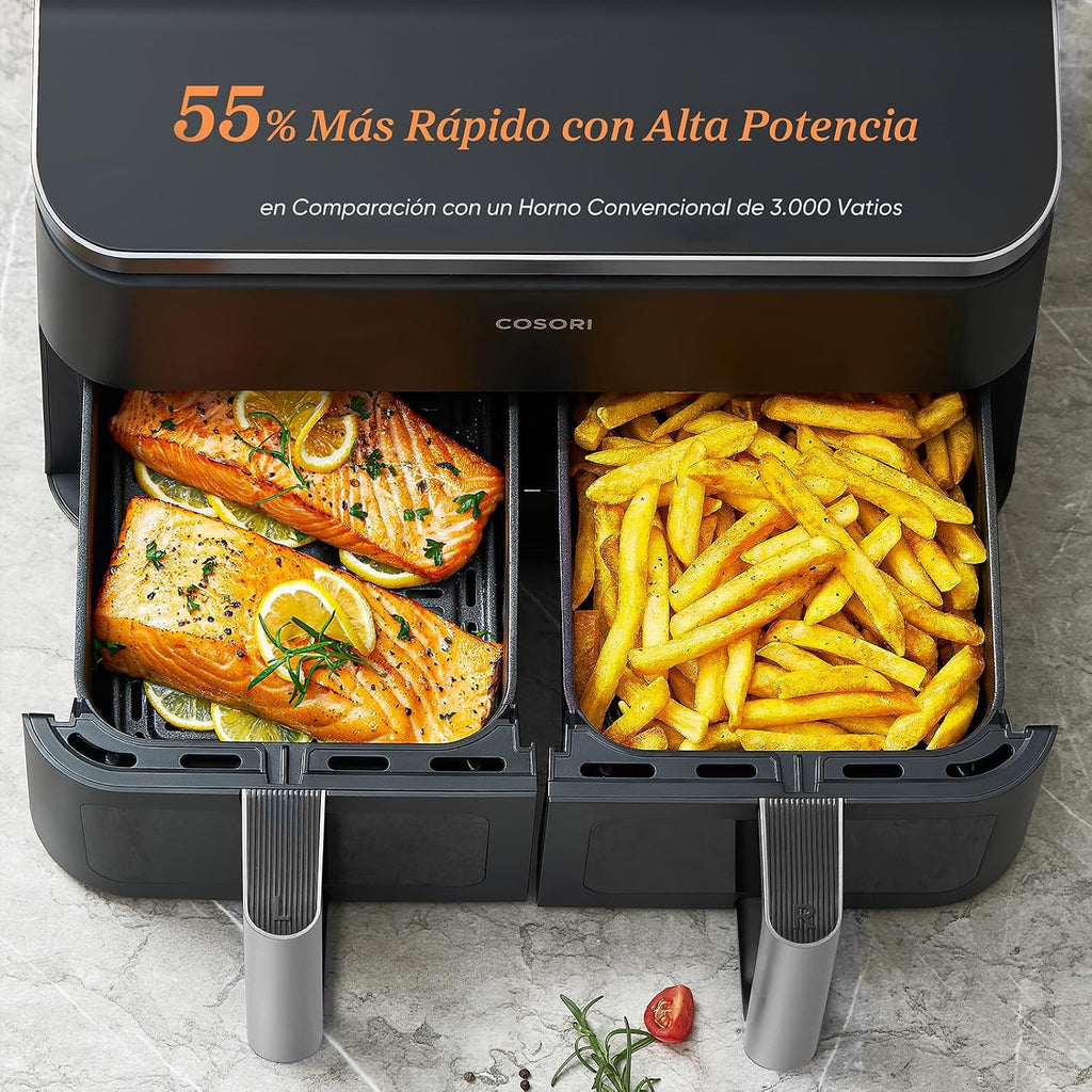 Cosori Freidora de Aire 8,5L, Doble Cesta con Ventana, 10 Funciones, Gris
