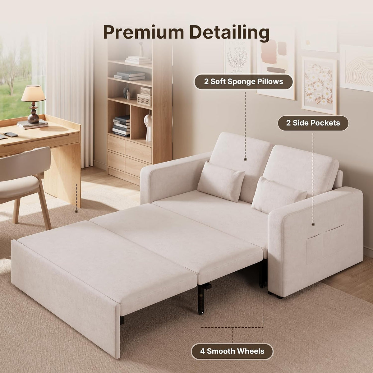 Xbro 2 Seater Sofa Bed, 3-in-1 Convertible Armchair with Bed, Two Storage Pockets, Velvet Upholstery, 147 x 196 x 87 cm, Includes Two Cushions, Beige