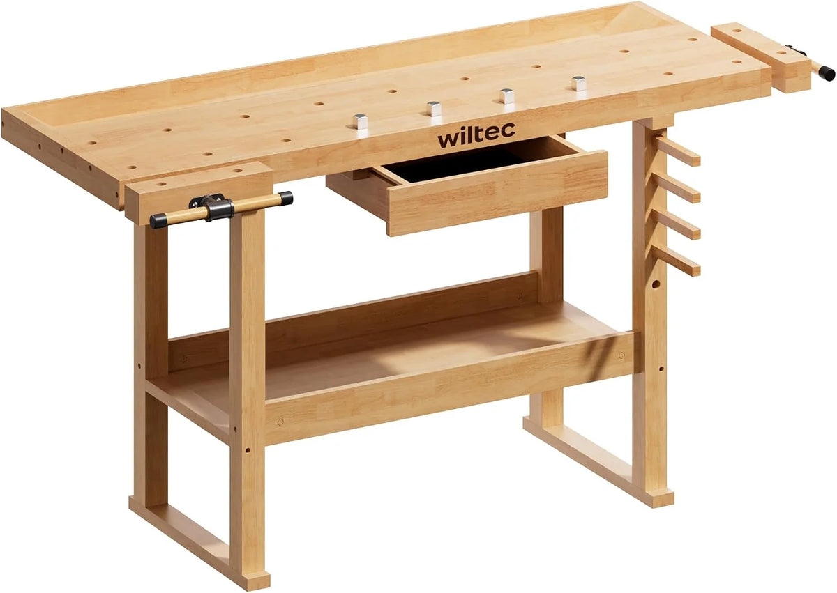 Wiltec Banco de Carpintero 151 x 61,5 x 86 cm Mesa de Trabajo de Madera 150 kg con cajón, Estante y Pinzas de sujeción, Ideal para Trabajos de carpintería, Bricolaje y Taller