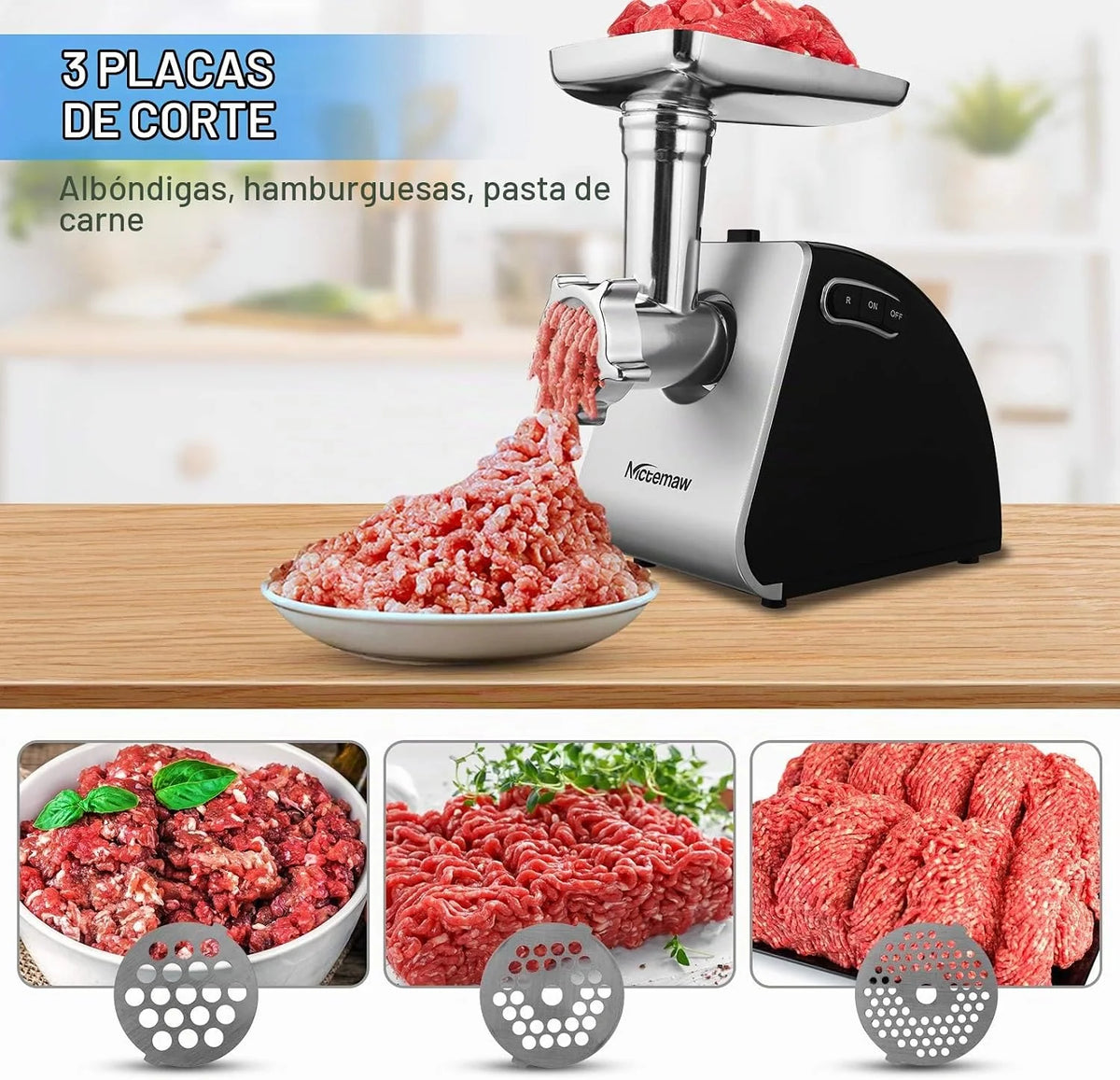 Nictemaw Picadora de Carne Eléctrica, 2000W Max,4 in 1 Salchicha y Máquina Picadora Carne,Máquina Hacer Galletas, Maquina Ensaladas,máquina cortar cubitos, Cuerpo Acero Inoxidable