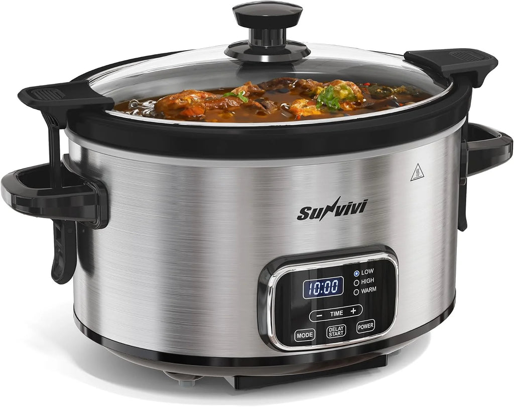 Olla de cocción lenta programable de 4 cuartos de galón, con tapa de bloqueo, calentador de alimentos con 3 modos de calentamiento y temporizador, olla de cerámica extraíble y tapa de vidrio, acero