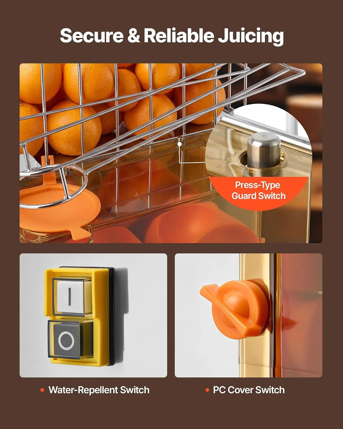 VEVOR Exprimidora de Naranjas Comercial 120 W de Acero Inoxidable y PC, Con 2 Recipientes Recolectores, Con Grifo, Capacidad para Hasta 20 Naranjas por Minuto, Para Limones y Cítricos 55-80 mm