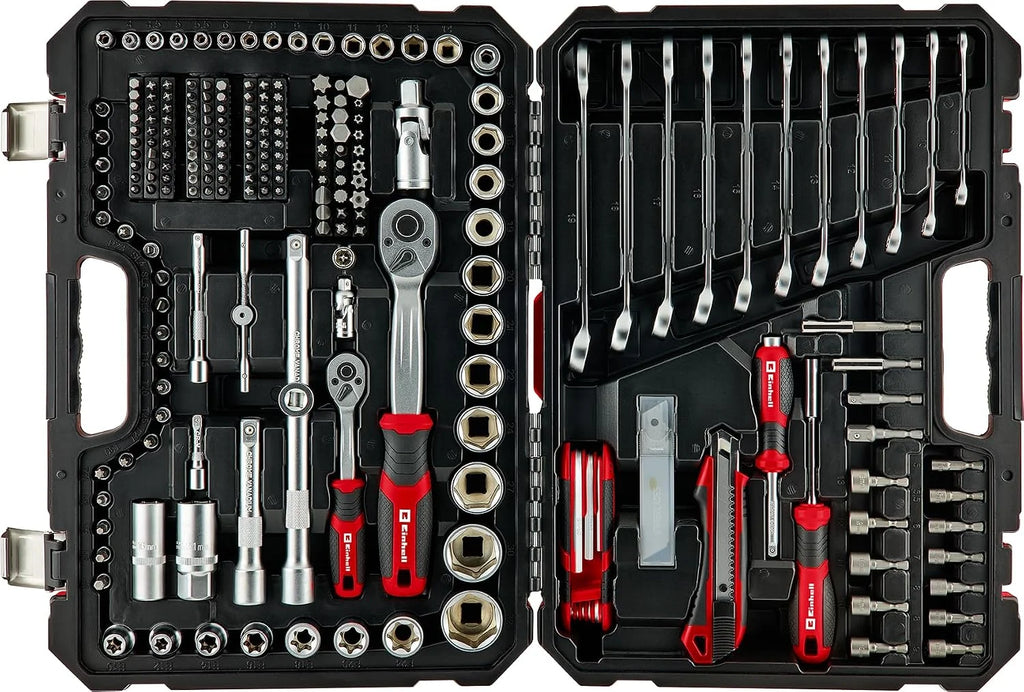 Einhell - Maletín de herramientas de 233 piezas (trinquetes, llaves combinadas, juego de brocas, enchufes, extensiones, uso versátil, compatibilidad de máquinas)
