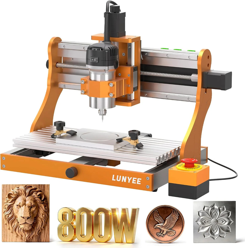 LUNYEE 3020 Nova CNC - Máquina de enrutador con guías lineales de eje XYZ totalmente metálicas y husillo de bolas con router de 800W, adecuada para cortar aluminio, latón, acero inoxidable, madera
