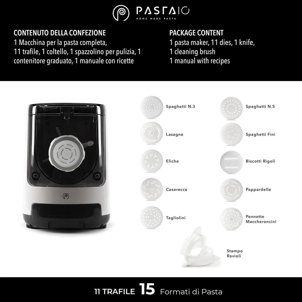PASTAIO | Máquina de Pasta Fresca de Doble Extrusión. Pasta Maker, hasta 800 g de pasta, pesaje automático, 11 estirado incluido para 15 tipos de pasta, 180 W