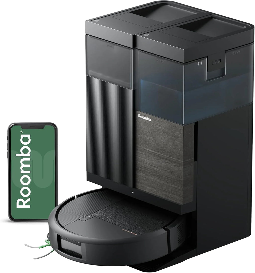 iRobot Roomba Plus 576 Combo y Base AutoWash multifunción, 25KPa, Mopas DualClean PerfectEdge, Lavado/Secado Calor, IA, PrecisionVision, Clearview Pro LiDAR, 90 días autonomía,Accesorios Extra, Negro