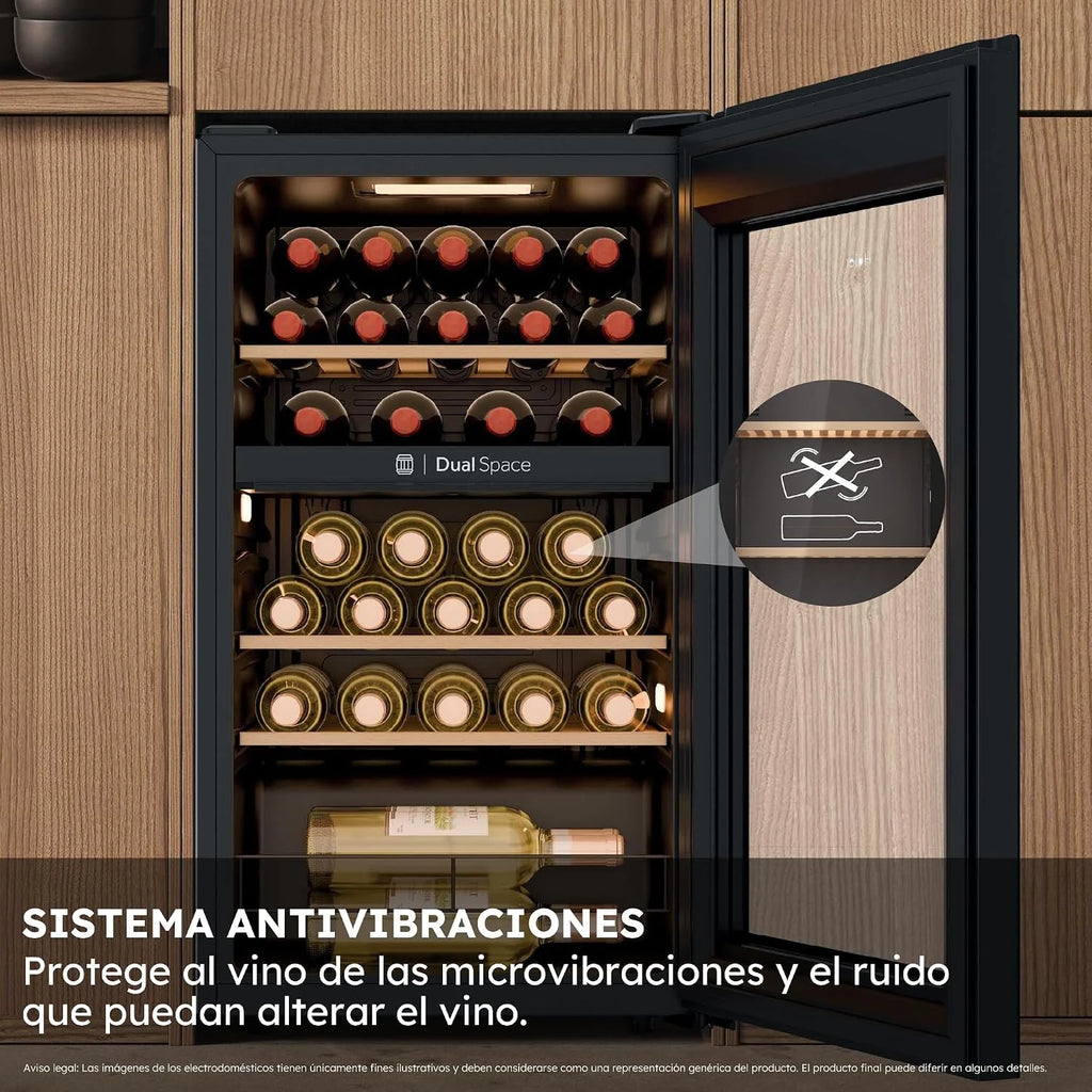 Haier Wine Bank 50 Series 5 HWS32GDG Vinoteca de 32 Botellas, 2 Zonas Independientes, Estantes de Madera, Filtro Anti-UV, Sistema Antivibración, Display Digital, Iluminación LED, 37 dbA, Negra