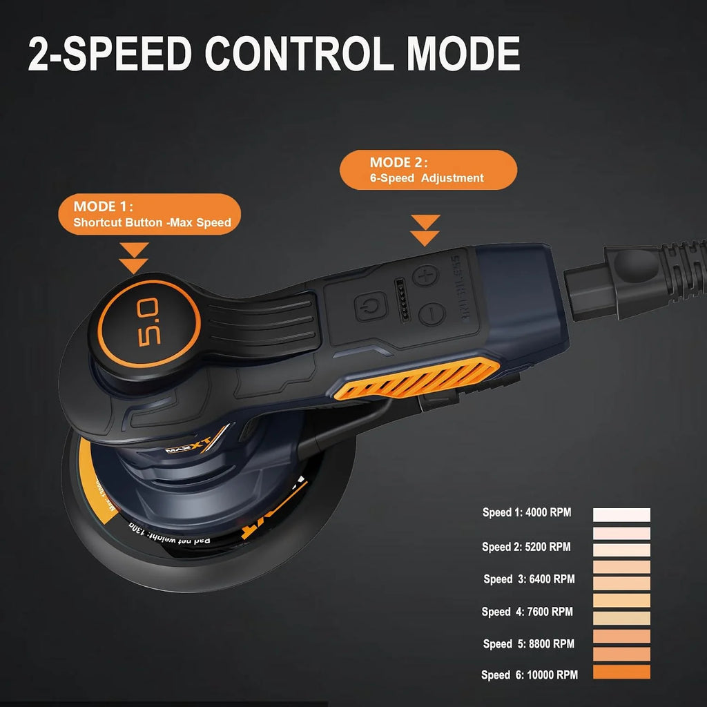 MAXXT Lijadora orbital,350w lijadora orbital aleatoria 10000 OPM con 6 velocidades variables y 10 piezas de 150mm papel,con Bolsillo Lavable de Recogida, para Lijar Madera y Metal