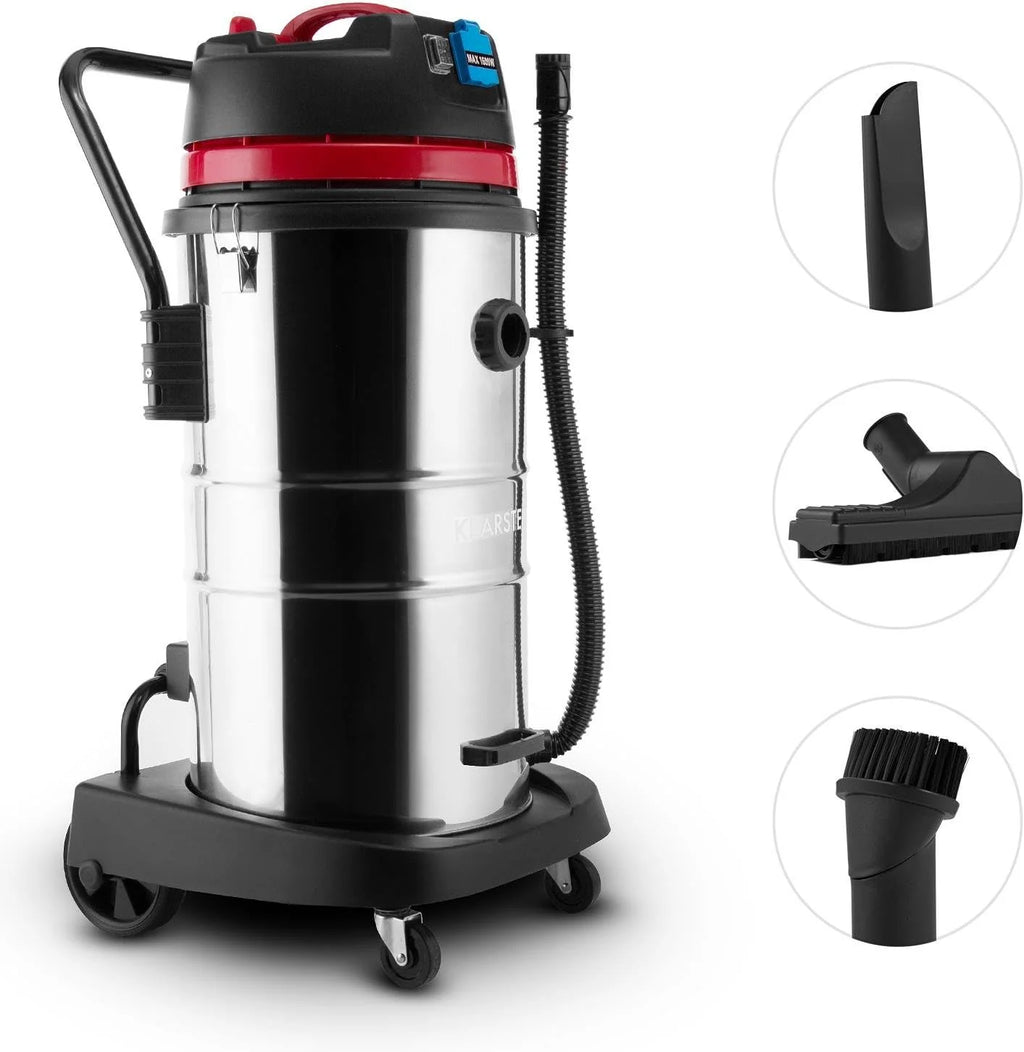 KLARSTEIN Reinraum Aspirador Industrial húmedo/seco, 60 litros, 2000 W, desconexión de protección, Filtro HEPA, Enchufe Integrado, depósito de Acero Inoxidable, IP44, Plata-Rojo