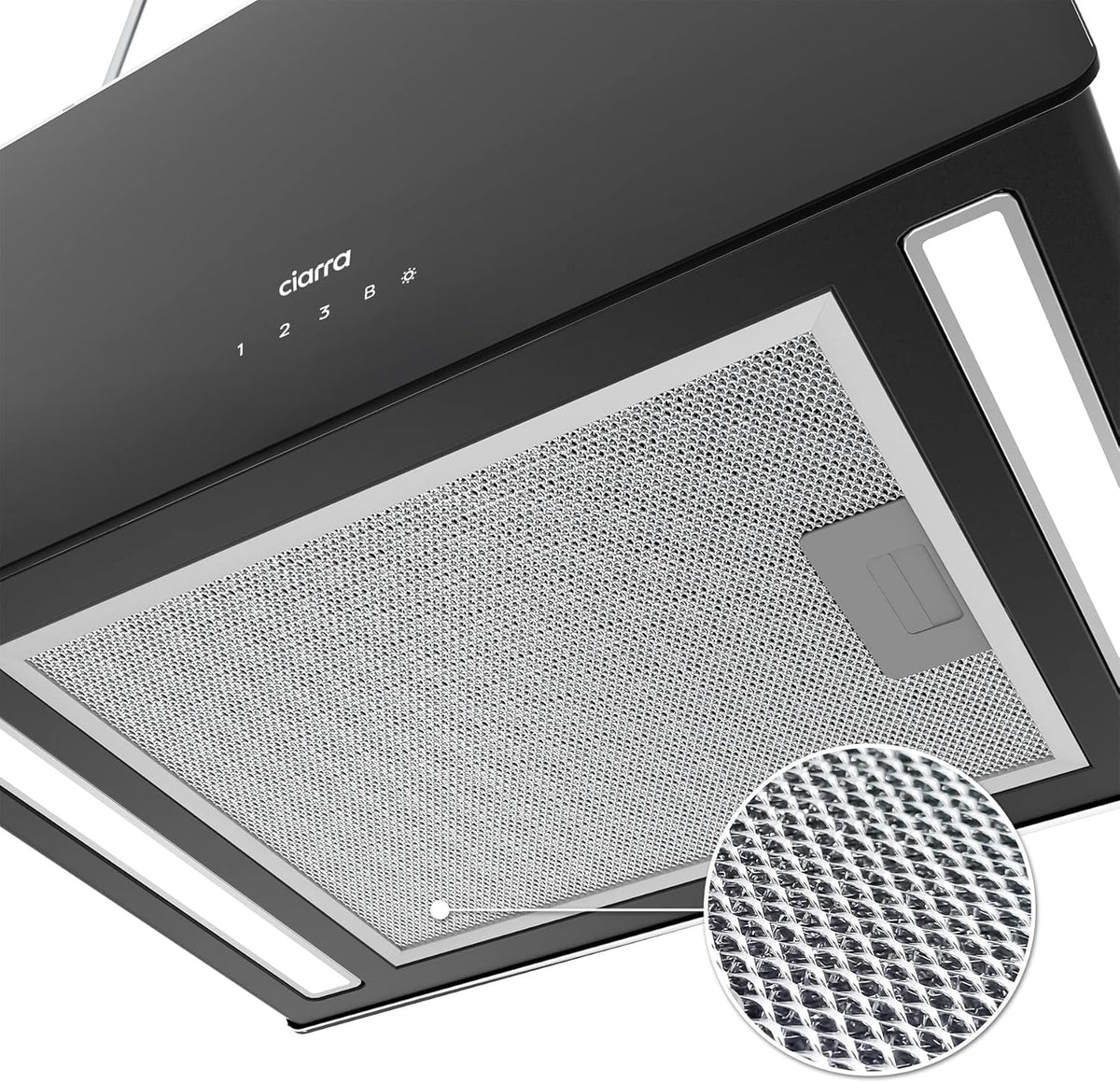 CIARRA CBCB4850 Campana Extractora en Isla sin Salida de Humos Clase A+++ 48cm 700m³/ h WiFi y Control Táctil Filtro de Carbón Incluido 4 Velocidades 2 Luces LED Negro