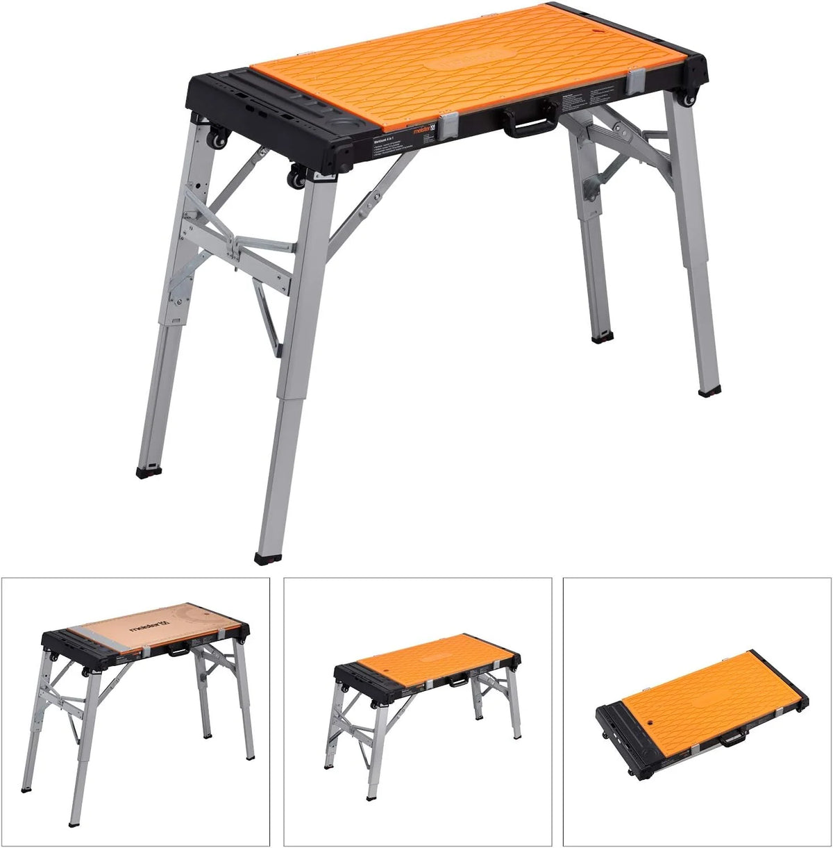 Meister 9079620 - Banco de trabajo universal 4 en 1 con taburete y ruedas de 85 cm de altura de trabajo, con estantes y superficie de trabajo reversible, banco de herramientas de altura regulable