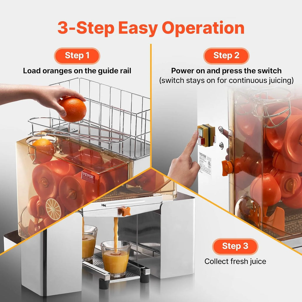 VEVOR Exprimidor de Cítricos Eléctrico Comercial Extractor de Zumo 120W Alimentación Automática con Filtro Extraíble Cubo Recolector de Cáscaras para Naranja, Pomelo, Restaurante, Cafetería, Frutería
