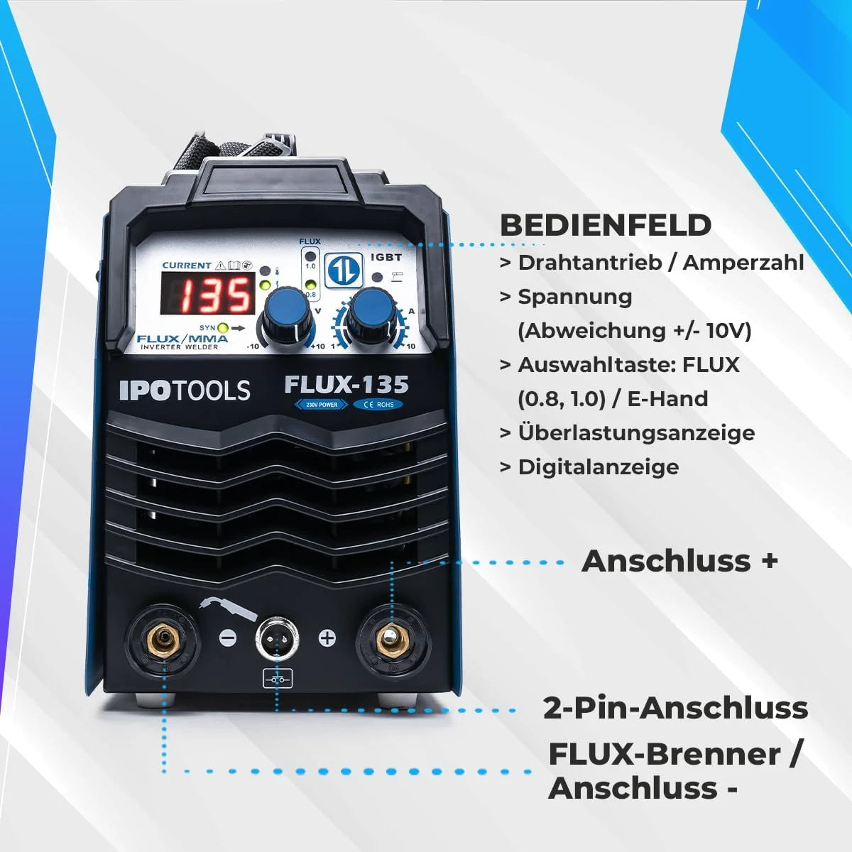 IPOTOOLS FLUX-135 - Estación de soldadura (135 A, FLUX-135 A, estación de soldadura inverter sin gas para estación de soldadura de alambre con relleno de 0,8 mm o 1,0 mm con MMA/IGBT/230 V/7 años de