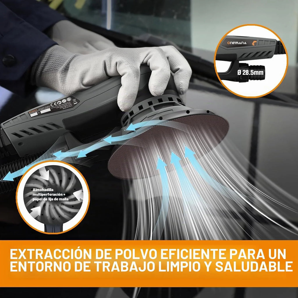 Lijadora orbital ONEMANA 150mm: lijadora electrica sin escobillas, excéntrica 2,5mm, 350W, 6 vel. 4000-10000rpm, recogida polvo, disco 150mm. Lijadora madera