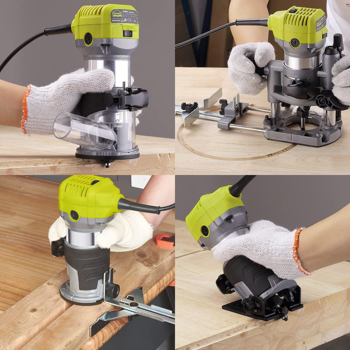 Fresadora de Madera Rebajadora Eléctrica, DEWINNER Desmoladora Eléctrica compacta 220 V, 710 W, 3 Bases Incluidas, 3 Pinzas de 1/4 Pulgadas, 6 mm y 8 mm, 5 Fresas de Carburo