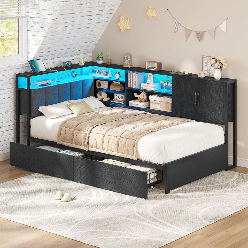 KIMENICH Upholstered Bed Sofa Bed 90 x 190 cm with LED Lighting, Charging Station, Youth Beds with 2 Drawers and Metal Slatted Base, Headboard with Storage, Open Shelves, Black