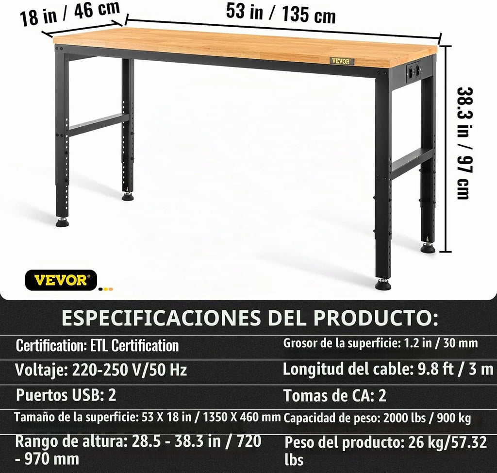 VEVOR Banco de Trabajo de Altura Ajustable, 135 cm de Ancho x 46 cm de Profundidad x 97 cm de Alto, Mesa de Garaje con 72-97 cm de Altura y Capacidad de Carga de 900 kg, con Tomas de Corriente, Parte
