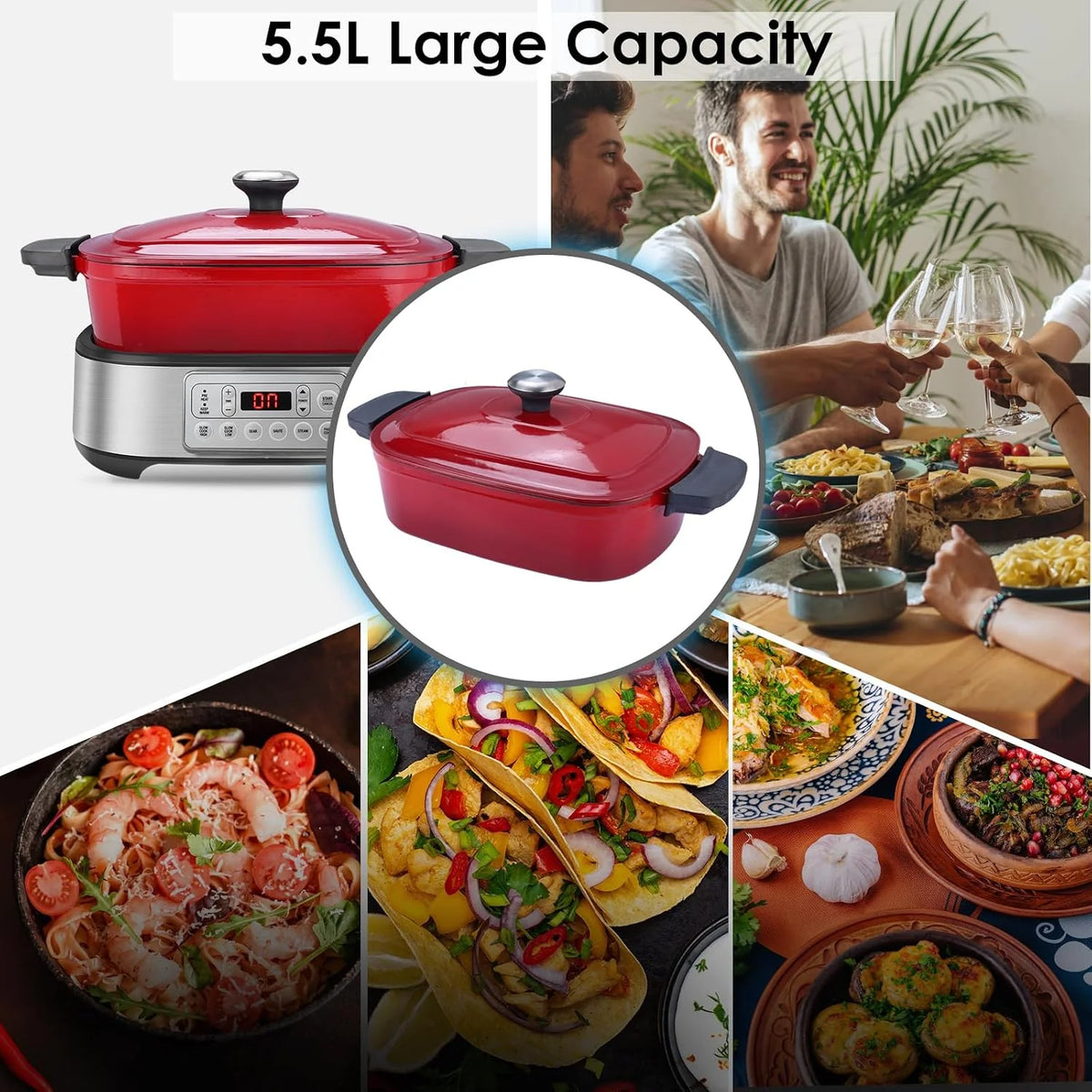 Homtone Cacerola 6 en 1 Slow Cooker, 5,5 l, programable, esmaltada extraíble, revestimiento de cerámica, cocción lenta, dora, cocción al vapor con rejilla de vapor, color rojo