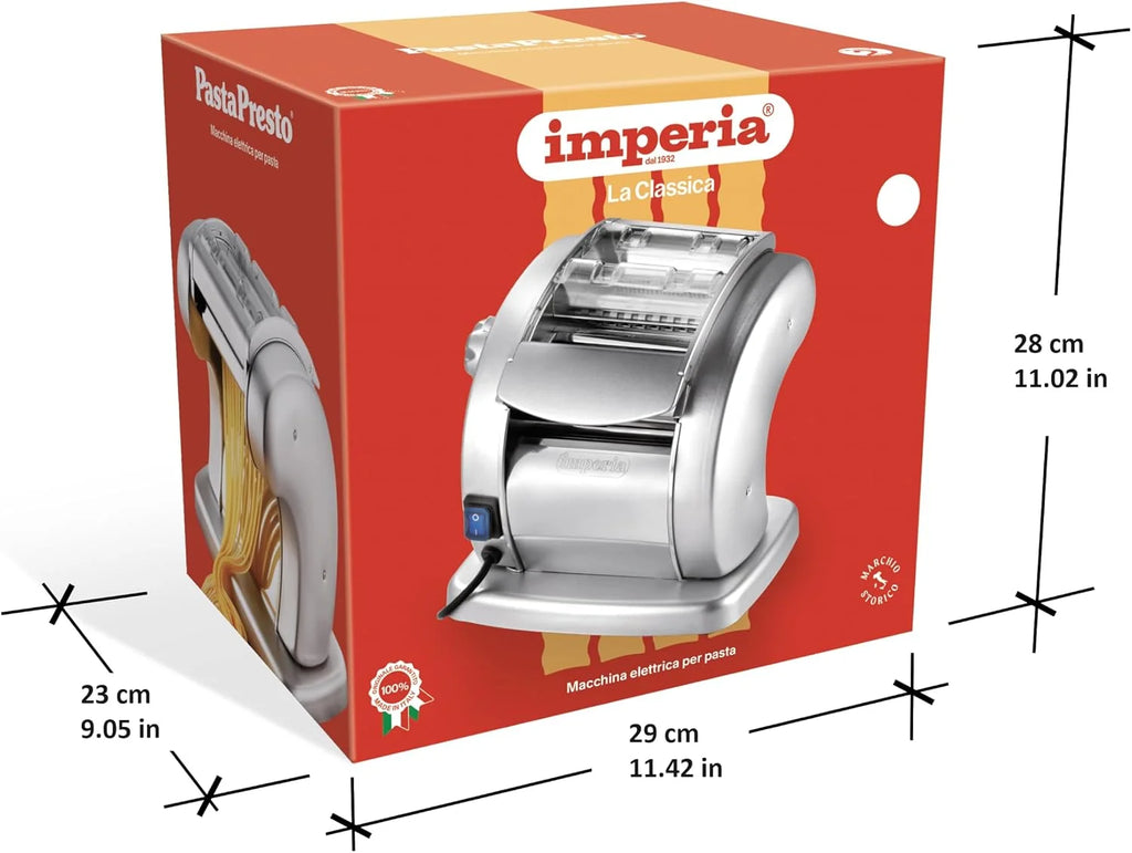 Imperia PastaPresto Línea Clásica. Máquina eléctrica para pasta. 100% Made in Italy. Máquina de pasta fresca con motor eléctrico 220v. Laminadora eléctrica para lasagne, tagliolini, fettuccine.