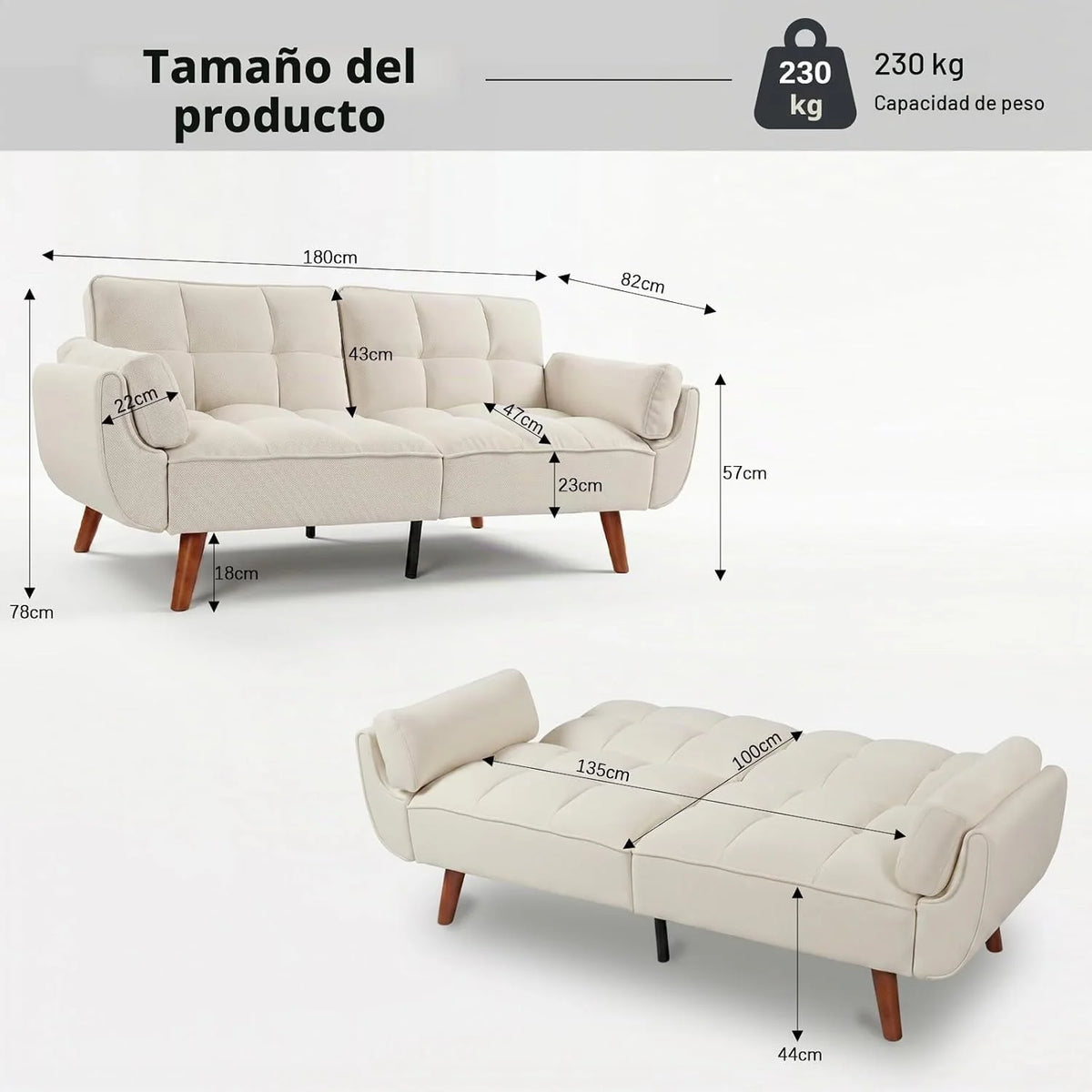 JIEXI Modern Fabric Sofa Bed, 3 Seater Convertible Futon Sofa with 3 Adjustable Angles, 71" Living Room Sofa Bed with Wood Legs, Heavy Duty 507lbs, Grey (180cm, Beige)