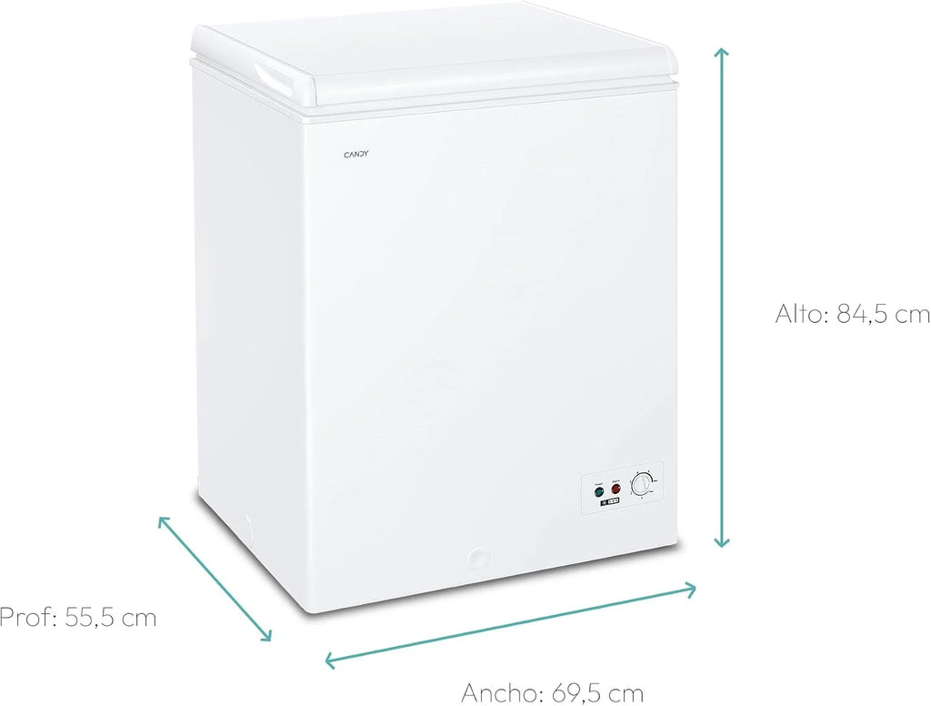 Candy CCHH 145E, Congelador Arcón Horizontal, Ancho 70CM, 137L, Tecnología Estática, 1 Cesto, Control Electrónico Externo, Indicador de Temperatura, Alarma Aumento de Temperatura, 39DB, Blanco