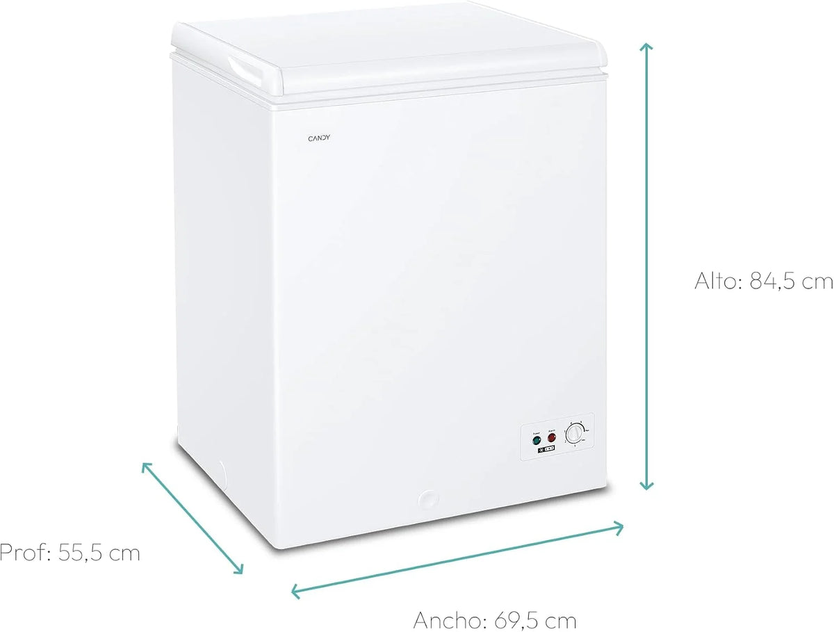 Candy CCHH 145E, Congelador Arcón Horizontal, Ancho 70CM, 137L, Tecnología Estática, 1 Cesto, Control Electrónico Externo, Indicador de Temperatura, Alarma Aumento de Temperatura, 39DB, Blanco