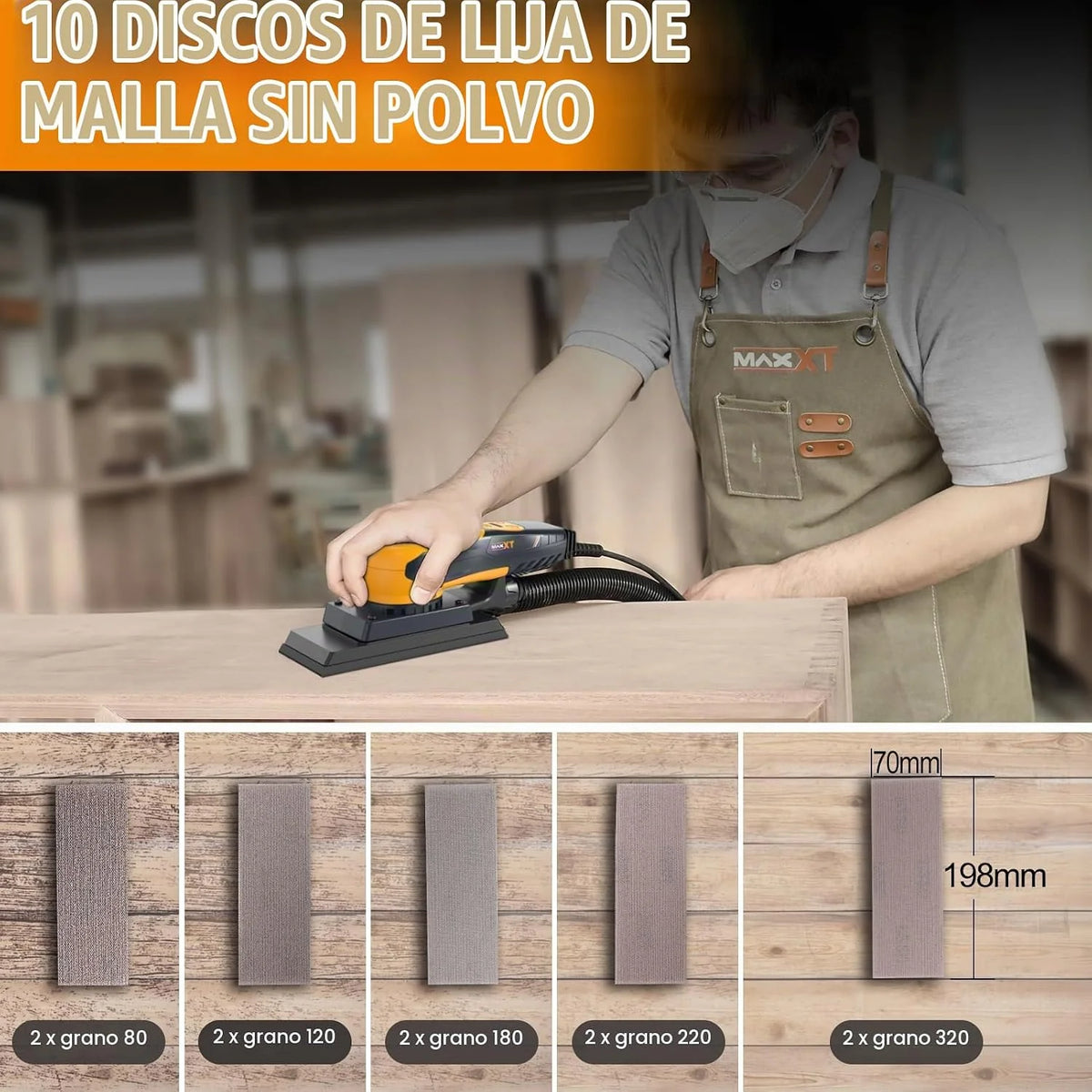 MAXXT Lijadora orbital 3.0 sin escobillas 350W, velocidad ajustable 4000-10000/RPM, freno automático 2s, recogida automática de polvo, superficie de lijado 198x70mm, 10 hojas abrasivas