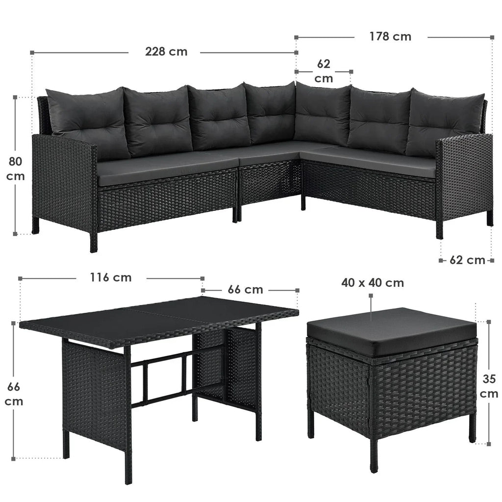 2025 Conjunto de jardín de resina trenzada Manacor negro con mesa, 2 pufs y cojines gris oscuro