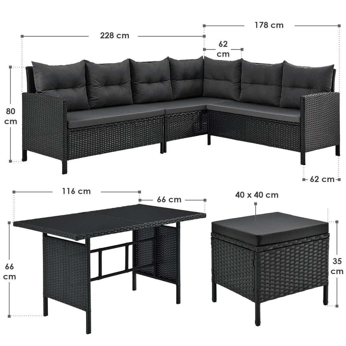 2025 Conjunto de jardín de resina trenzada Manacor negro con mesa, 2 pufs y cojines gris oscuro