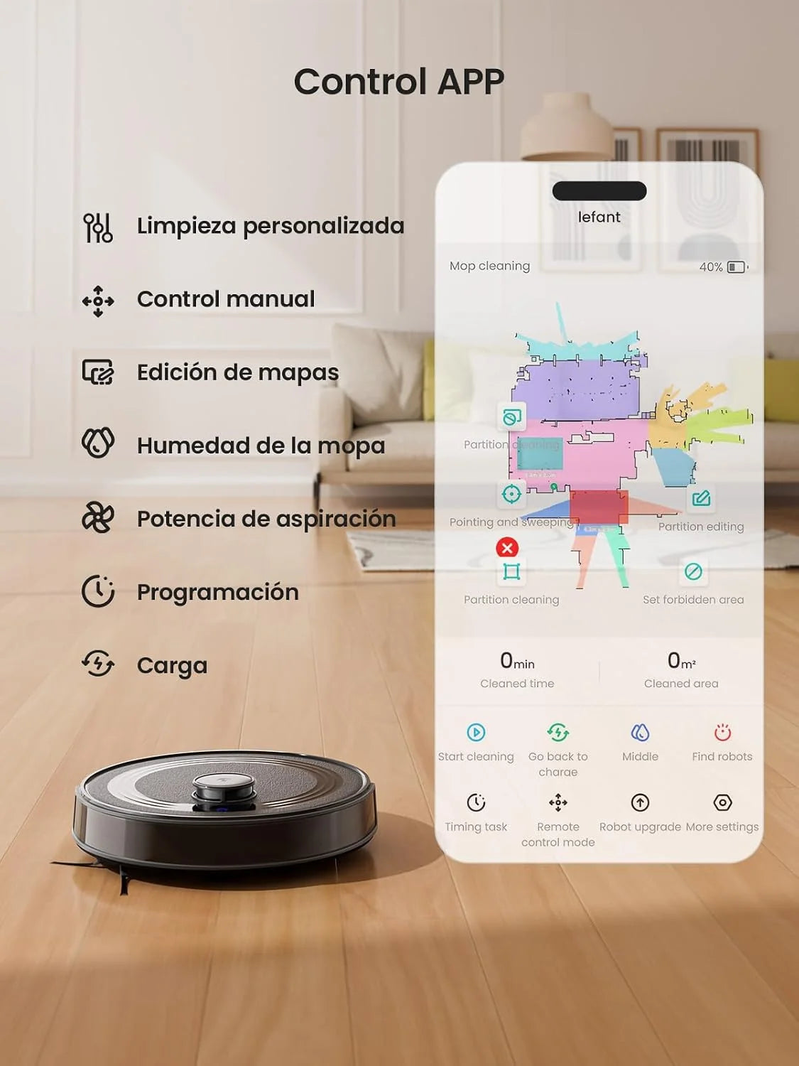 Lefant M2 Robot Aspirador y Fregasuelos 2 en 1, 6000Pa, 160min Automático, Navegación Láser, Evitación PSD, Limpieza Personalizada, Ideal para Limpiar Pelo de Mascotas y Suelos Duros