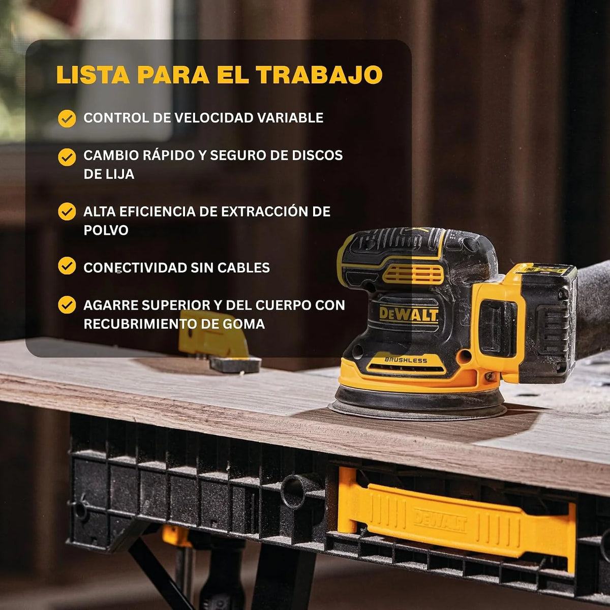 DEWALT DCW210NT-XJ - Lijadora Rotorbital sin Escobillas XR 18 V Diámetro 125 mm Electrónica sin Cargador/Batería con Maletín Tstak II, Negro/Amarillo
