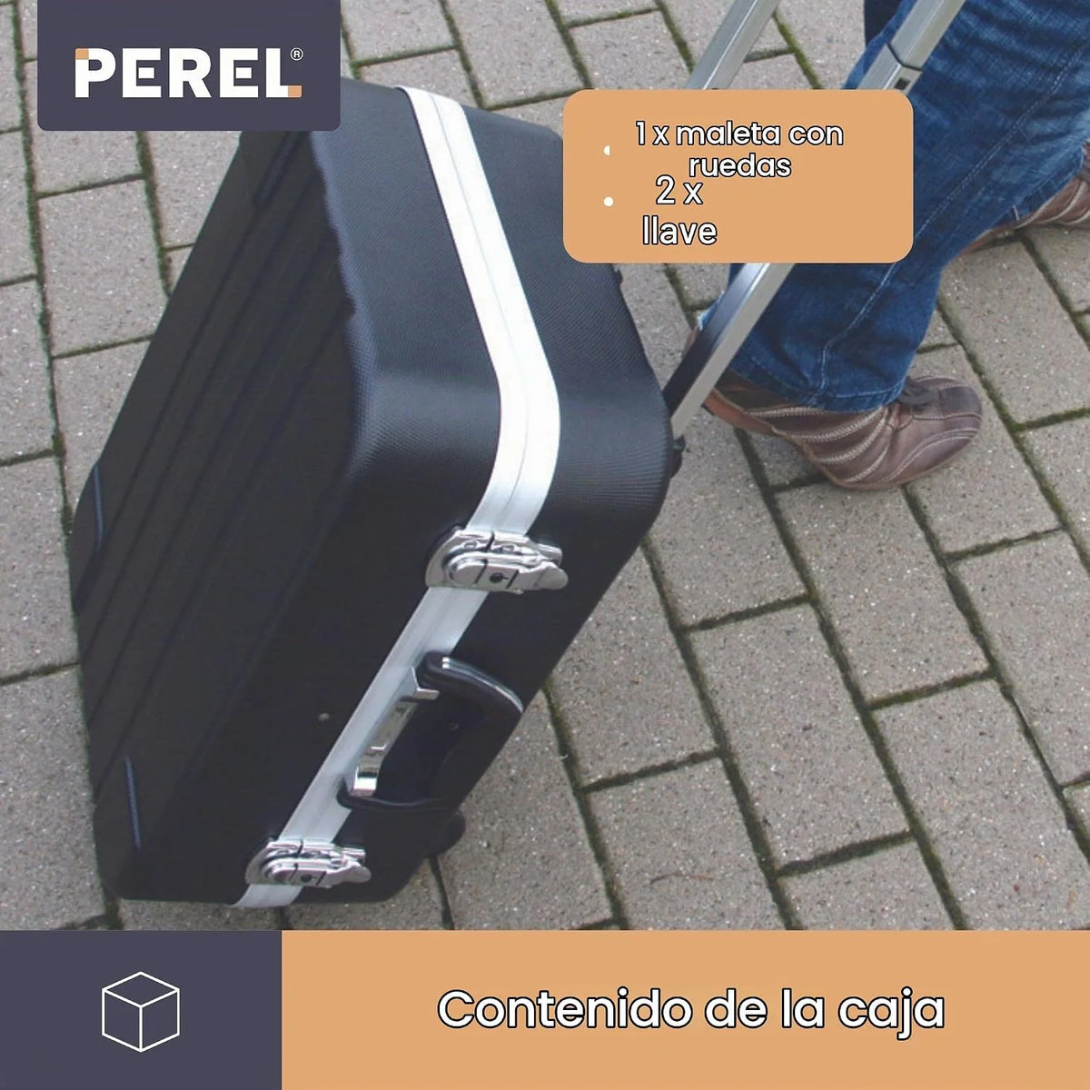 Perel Case de herramientas móviles, mango telescópico, portavasos, separadores extraíbles, bloqueo de llaves, 2 teclas, abdominales, negro, 461 x 335 x 190 mm