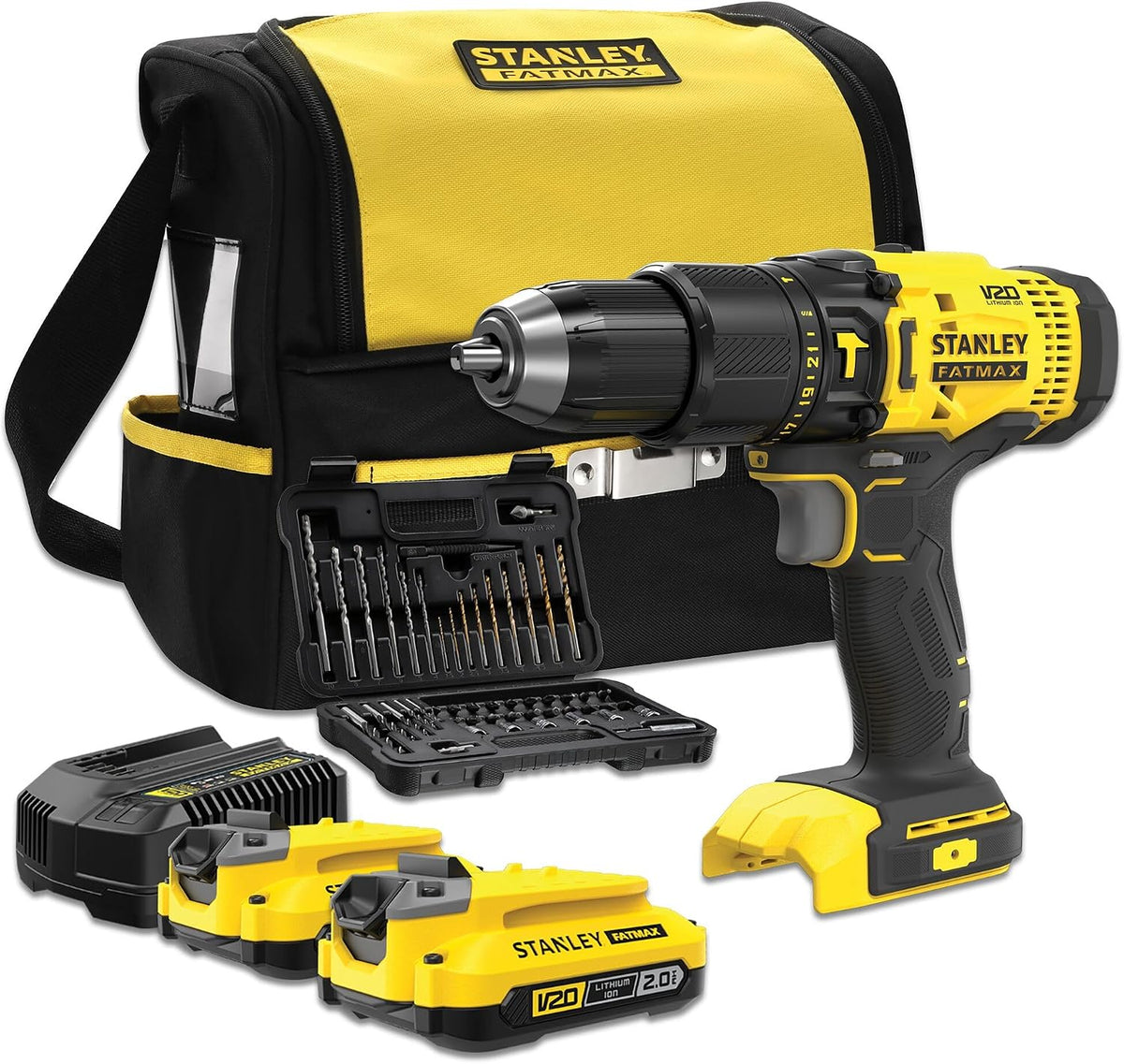 STANLEY FATMAX SFMCD711DSA-QW - Taladro Percutor 18V, Gama V20, 2 velocidades, Luz LED, Incl. juego de brocas y 50 piezas, 2 baterías recargables de 2,0 Ah, cargador y bolsa de herramientas