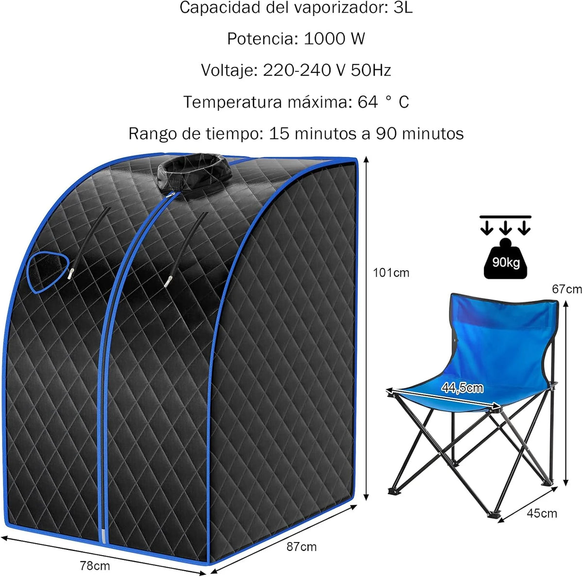 COSTWAY 3L Mini Sauna de Vapor para Casa con Control Remoto,Silla y Accesorios Sauna de Vapor Portátil con Control Remoto Cabina de Sauna con Temperatura y Temporizador Ajustables (negro)