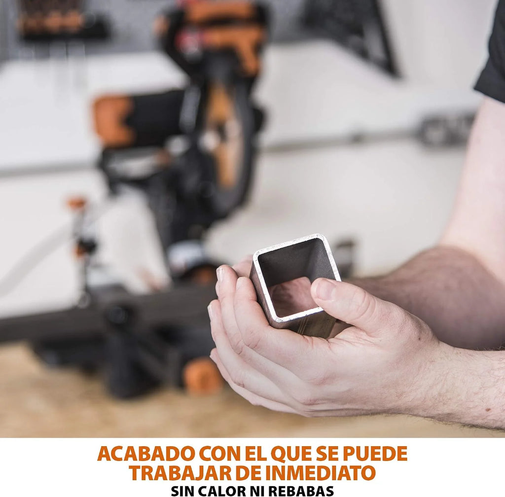 Evolution Power Tools R255SMS-DB ingletadora, Sierra ingletadora deslizante multimaterial de 255 mm, con doble bisel y paquete plus, hasta 300 mm x 90 mm, 5° a izquierda y derecha, inglete de 50°