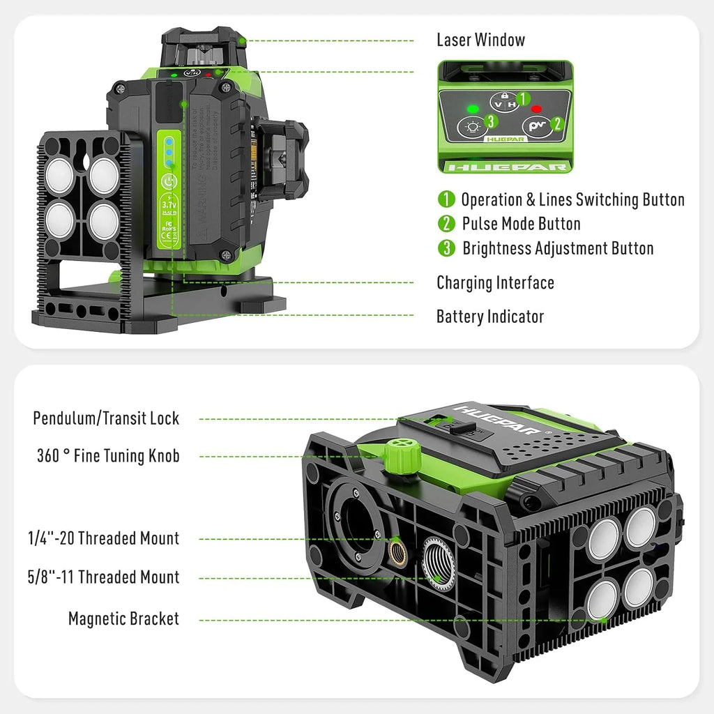 Huepar Nivel Laser Autonivelante 360 grados, 12 Líneas Cruzada con Función de Autonivelación y Pulso, 3D Nivelador Láser 30M, Batería de litio, CableType-C, Base Magnética, Estuche Rígido